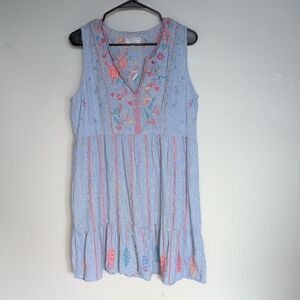 Johnny Was Workshop Mini Dress with Floral And Feather Embroidery Size Small
